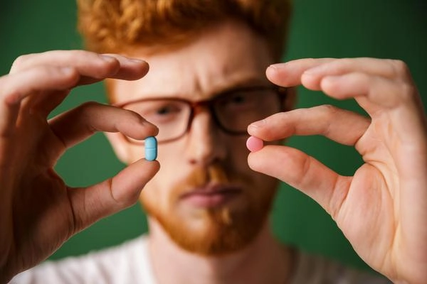 Mann hält Tabletten in den Händen, passend zu Medikamenten als möglichem Auslöser sexueller Probleme.