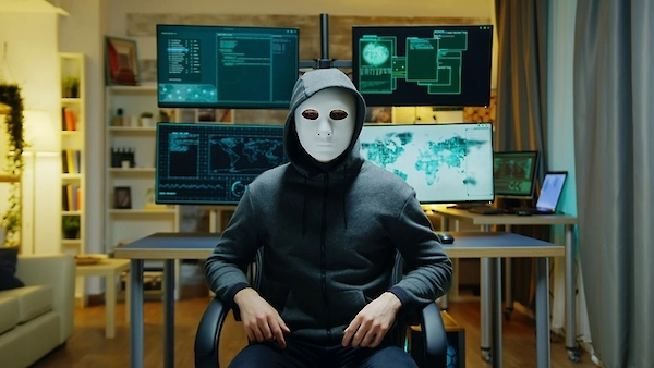 Person mit Maske vor mehreren Bildschirmen als Symbol für Deepfake-Betrug, digitale Manipulation und KI-generierte Fakes.